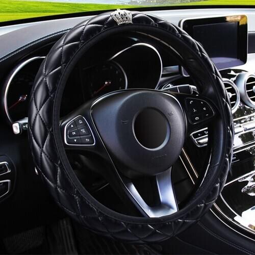 37-38CM Diameter PU Leather Steering Wheel Cover Crystal Crown Steering Covers Car-styling Car Interior Accessories