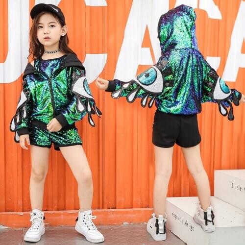 Kid Sequin Hip Hop Costumes Ballroom Hoodies Girls Crop Tank Top Jazz Dancing Jacket Dance Clothes Fashion Shirt Short Dancewear