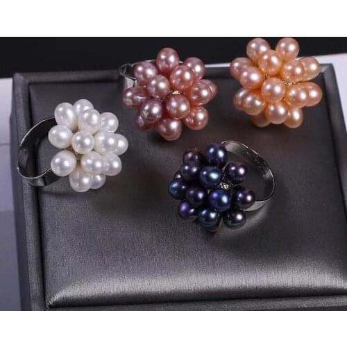 Natural Freshwater Pearl Rings Many Color and Many Pearls Adjustable Rhodium Color Ring for Women Fashion Jewelry Wholesale