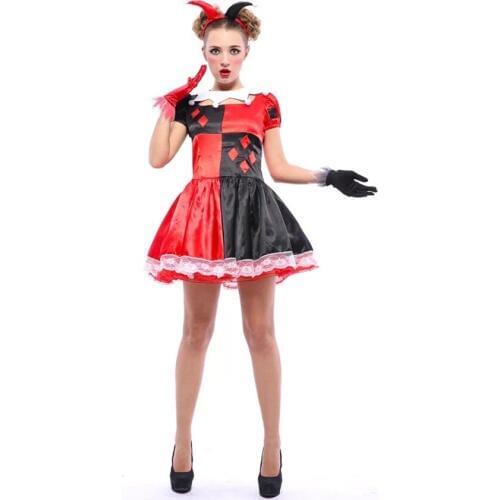 Halloween Costumes Cute Female Circus Clown Suits Masquerade Festival Performance Cosplay Costume Gloves+Dress+Headwear+Necklice