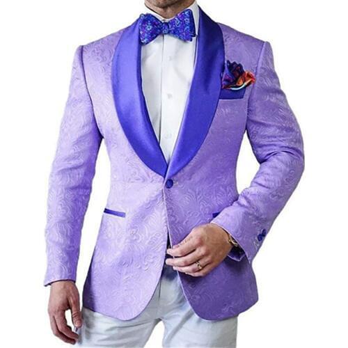 Butterfly Flower Men Suits Groom Tuxedos Shawl Satin Lapel Groomsmen Wedding Suits (Purple Jacket+White Pants+White Vest )