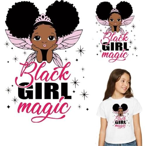 Angle Black Girl Magic Patches For Clothes Print-On Kid T-Shirt Iron-On Heat Transfer Thermal Stickers Cartoon Girl Appliqued