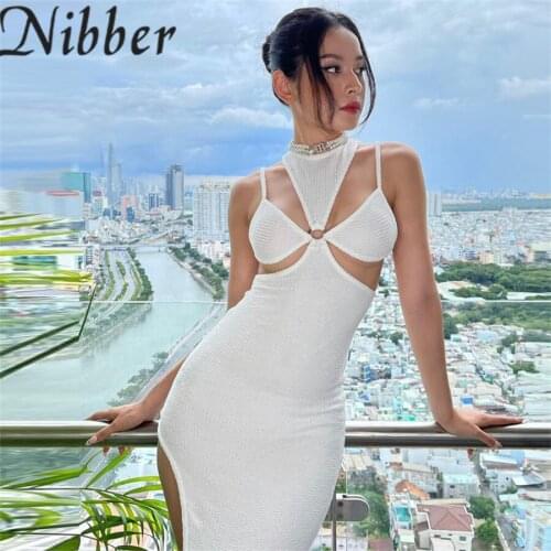 Nibber Y2K Solid Color Ribbed Knitting Asymmetry Midi Dress Women Sexy Hollow Out Side Slit Bodycon Dress Fashion Clubwear