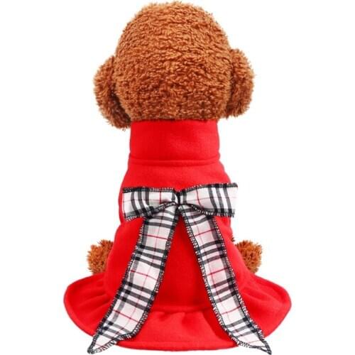 Pet Dog Cat Skirt New Warm Dress Autumn Winter, Small Medium Sized Teddy Puppies Cute British Bowknot Red Woolen Skirt Costume