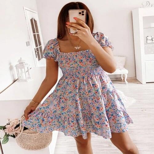Summer Dress Women Print Shrinkage Ruffles Square Collar Puff Sleeve Elastic Waist Dresses For Woman Robe Femme Vestido De Mujer