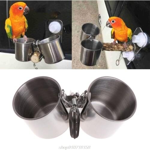 Food Water Feeding Bird Double Cups With Clip Stainless Steel Parrot Cage Stand J15 21 Dropship