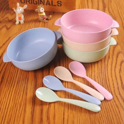 2 Pcs/Set Baby Feeding Food Tableware Anti-hot Wheat Kid Dishes Eco-Friendly Children Training Dinnerware Plate Bowl Spoon