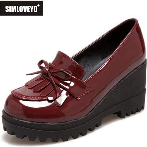 SIMLOVEYO 2021 Concise Lady Pumps Leisure Platforms Slip On Bowtie Tassel Round Toe Chunky Heel Shoes Size 33-43 Black Red A4529