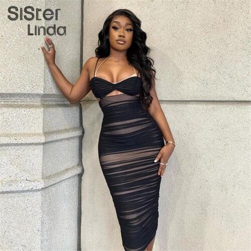 Sisterlinda Summer Double Layer Mesh Sexy Slim Halter Dress Women Sleeveless V Neck Casual Party Vacation Beach Long Dresses2021