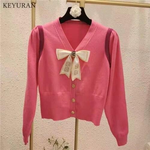 Retro Bow Tie Crop Knitted Cardigan Womens Autumn And Winter New Long-Sleeved Solid Kntting Ourerwear Short Sweater Jacket Lady