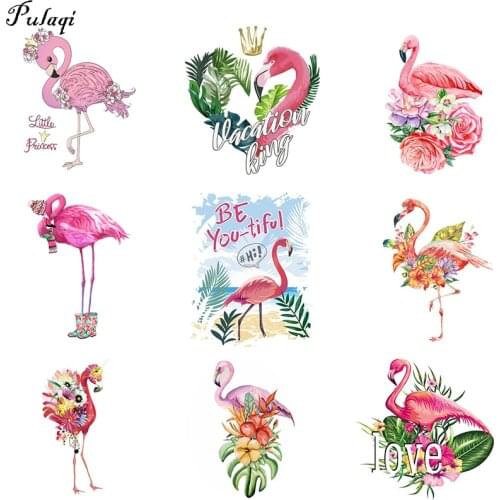Pulaqi Vinyl Fashion Flamingos Patches Iron On Transfers For Clothing Beautiful Pink Bird Heat Thermal Transfer Stripe Decor DIY