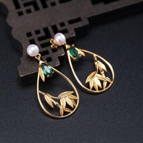 VLA 925 Silver Fashion Personalized Water Drop Bamboo Leaf Earrings Womens Inlaid Zircon Pearl Creative Design Leaf Earrings