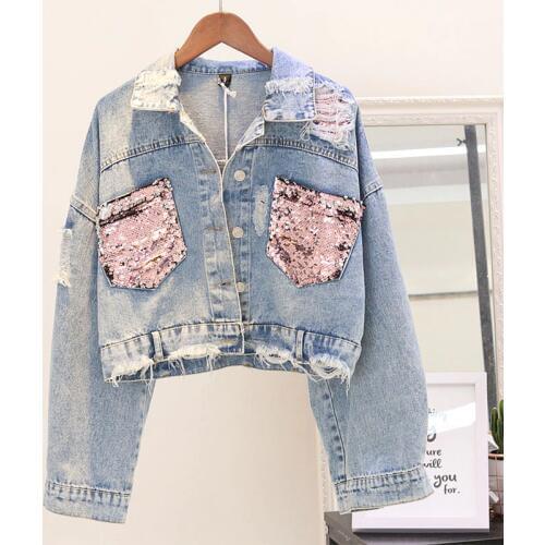 2020 Hole Jean Jacket Women Spring Short Sequin Denim Jacket Splice Autumn Female Jacket Autumn Bomber Jackets For Women Navel
