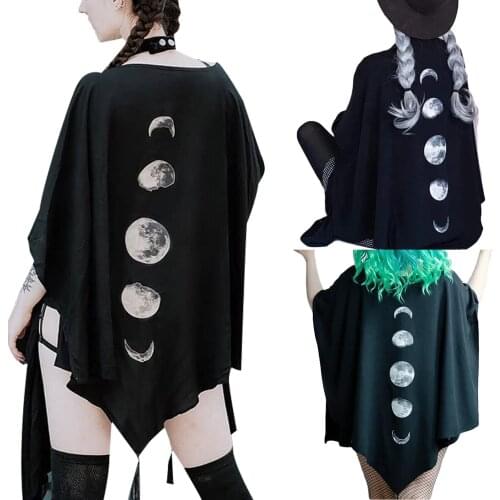 Women Cosplay Cape Girls Moon Print V-Neck Half Sleeve Mantle Cloak with Tassels for Halloween Party Role-Play Black