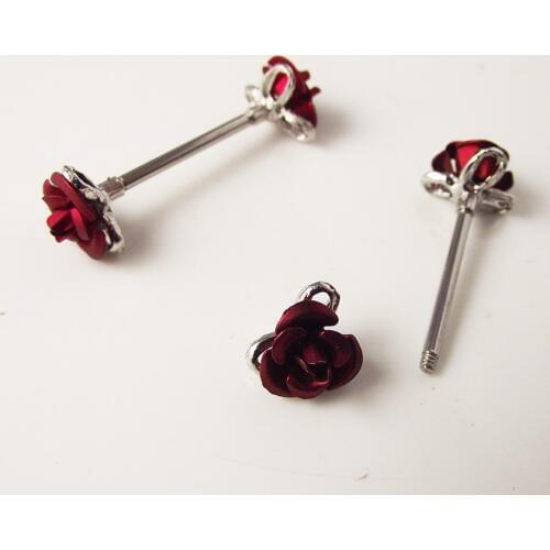 2 piece 1.6*16*6mm 14G Punk Rock Double Red Flower Nipple Shield Rings Body Piercing Jewelry Rose Flower Nipple Bar ring Women