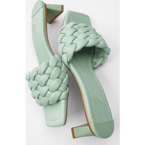 New Summer New Woven Square Toe High-heeled Female Sandals Thick Heels Vintage Weave Shoes Cross Knit Woman Sandalias