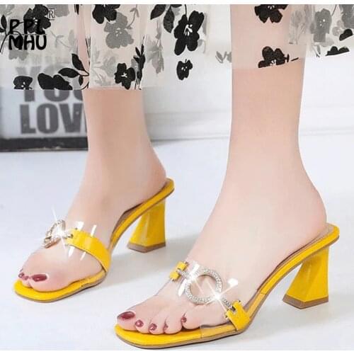 Retro PVC Transparent Metal Decoration Buckle Womens Sandal Heels 2021Fashion Non-Slip Peep Toe Shoes Sweet Luxury Light Slides