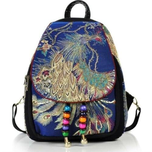 Ethnic Peacock Women Embroidery Backpack Embroidered Canvas Shoulder Bags Fashion Leisure Personality 2020 High-Capacity