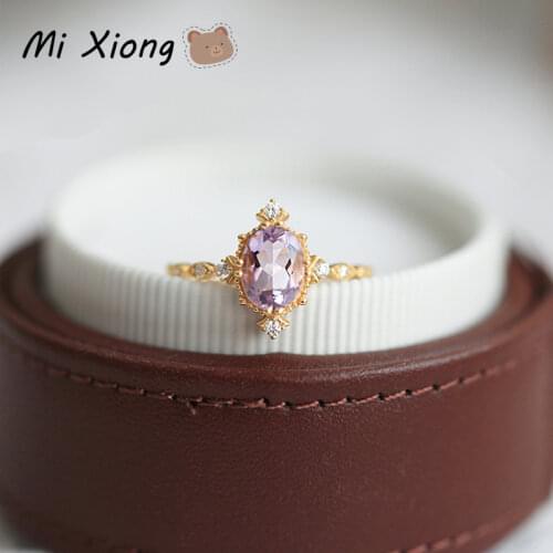 Mi Xiong 925 Sterling Silver Ring for Women Unique Oval Purple Diamond Engagement Luxury Jewelry Wedding Gift Charm Classic Cute