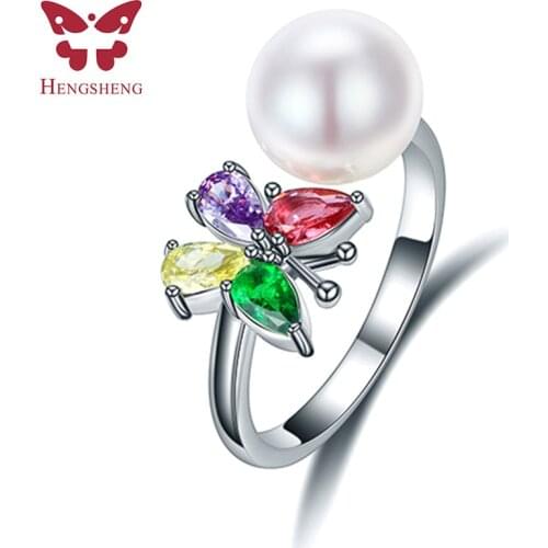 Four color zirconium butterf natural freshwater pearl ring for women gift, 925 sterling silver women adjustable jewelry ring