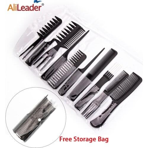 Leeons New 10Pcs Black Professional Combs Hairdressing New Tail Comb Carbon Anti Static Comb Hair Cutting Comb Free Storage Bag