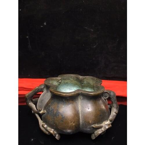 6" Tibet Buddhism Old Bronze Cinnabar gourd Lotus shape Incense incense burner Town House Exorcism Ward off evil spirits