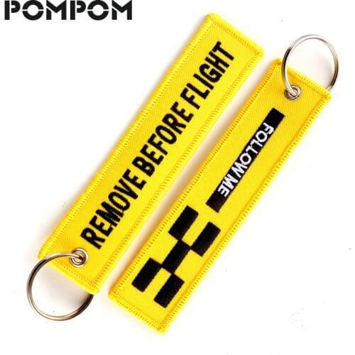 5 PCS/LOT Remove Before Flight Keychain FOLLOW ME Yellow Keychain Embroidery Fashion Sleutelhanger Safety Tag llavero Jewelry