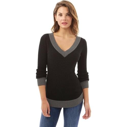 Deep V Neck Colour Spliced Leisure Wear Black Grey Knit Women Pullover Thin Sweater Casual Slim Autumn Winter Clothes Femal Tops