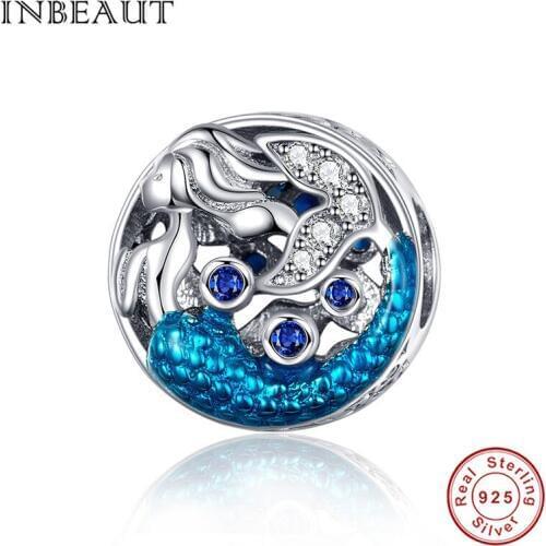 INBEAUT 100% 925 Sterling Silver Blue Zircon Caribbean Sea Mermaid Beads fit Brand Bracelet Fairy Ocean Godless Charms Gift