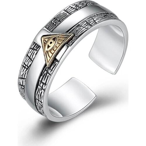 Bicolor 925 Sterling Silver Triangle Eye Ring,Eye of Providence Ring for Men,Open and Adjustable,Free Shipping