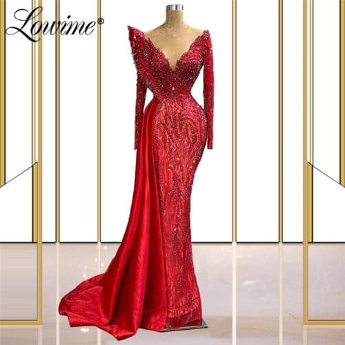 Lowime Customized Red Mermaid Formal Evening Dresses 2021 Beaded Crystals Long Party Gown Middle East Dubai Prom Dress Vestidos