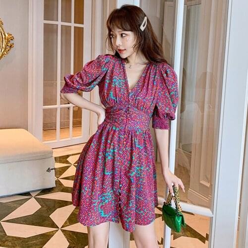 Fashion French Vintage Lantern Sleeve Mini Party Dress Ladies Elegant Coffee Break Casual Sexy V-Neck Button Floral Beach Dress