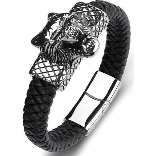 Fashion Braided Rope Bracelet Men Punk Jewelry Wolf Head Leather Bangles Stainless Steel Wristband Best Gift for Boyfriend P146