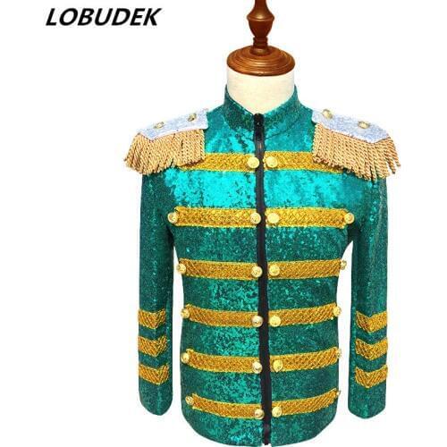 Men Green Sequins Jacket Slim Coat High-end Clothing Prom Host Costume Nightclub Bar Male Singer Chorus Performance Stage Outfit