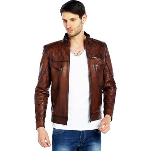 Genuine Soft Leather Handmade Brown Man Jacket Biker Style High Quality Lambskin Metal Zipper Autumn Gift For Valentines Day