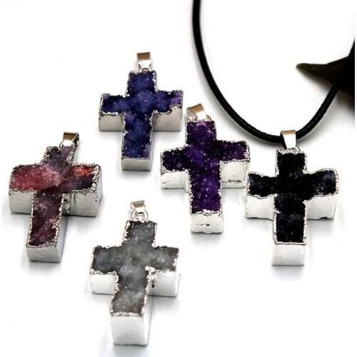 Natural Cross Druzy Necklace Electroplated Healing Quartz Drusy Reiki Religious Pendant With Rope PU Cord