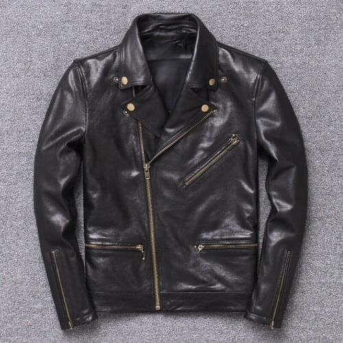 Mens Genuine Leather Large Size Sheepskin Coat Male Brand Locomotive Motorcycle Garment Inclined Zipper Thin Jacket