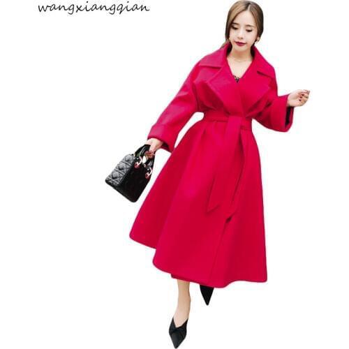 Winter tweed long overcoat New Double-sided women woolen coat turn-down collar belt solid color city lady elegant plus size A511