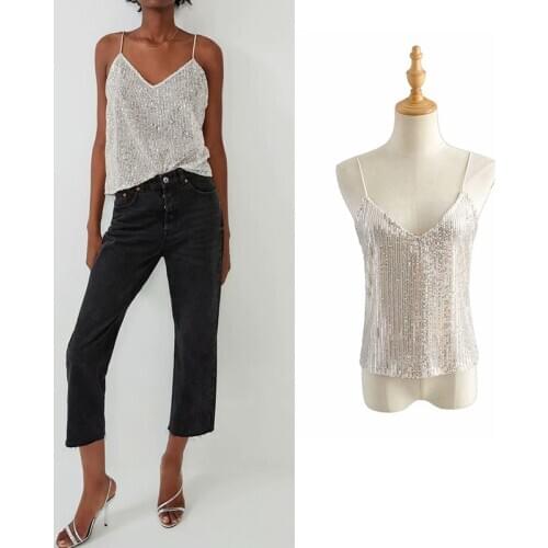 Sexy camis top women sequined Silver backless ropa mujer shining top party and club fashion caims top mujer