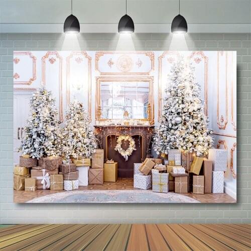 Christmas House Party Photography Christmas Tree Backdrop Fantasy Photo Booth Fireplace White Decorations Photobooth