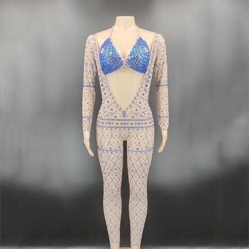 Sexy Nude Bodysuit Transparent Mesh Rhinestone Long Sleeves Jumpsuit Pole Damce Clothing Acrobatics Performance Stage Costume