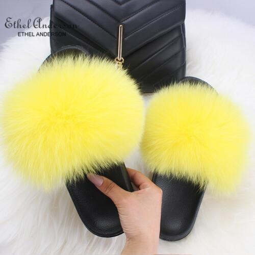 Ethel Anderson Hottest Real Fox Fur Slides Summer Beach Fluffy Slippers 100% Real Raccoon Fur Flip Flops Sandals Shoes Wholesale