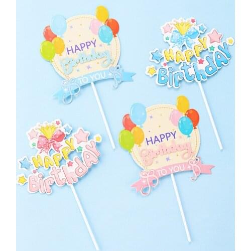 Happy Birthday Cake Topper Pink Blue Balloon Cake Decoration Crown Bowknot Baby Shower Baking Boy or Girl Party Birthday Favors