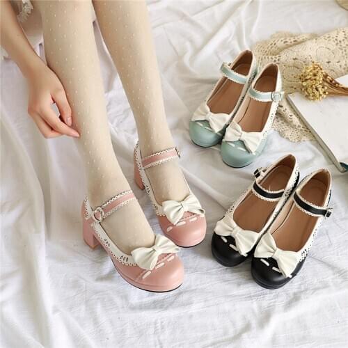 YQBTDL Cute 2020 Summer Princess Mary Jane Lolita Woman Shoes Chunky Heels Pink Black Ruffles Hollow Bowtie Platform Heels Pumps