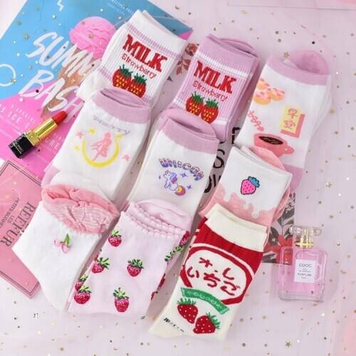 Japanese Kawaii Girl Lolita Girl Strawberry Banana milk cow Socks White Student All-cotton Girl Socks XWZ-DW001