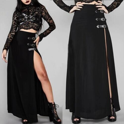 Gothic Skirts Women High Split Maxi Skirts Steampunk Black A Line Long Buckle Strap Skirt Cosplay Plus Size Female Sexy Skirts