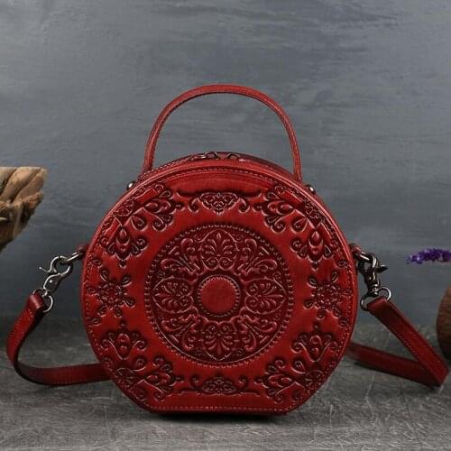 Retro Handbag Genuine Leather Totem Women Small Circular Tote Bag 2021 Winter New Versatile Soft Cowhide Shoulder Messenger Bags