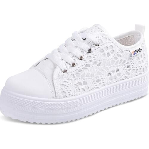Platform Flat Shoes Womens Sneakers Fashion Breathable Hollow Small White Shoes Comfortable Lace-up Casual Sports Walking Shoe