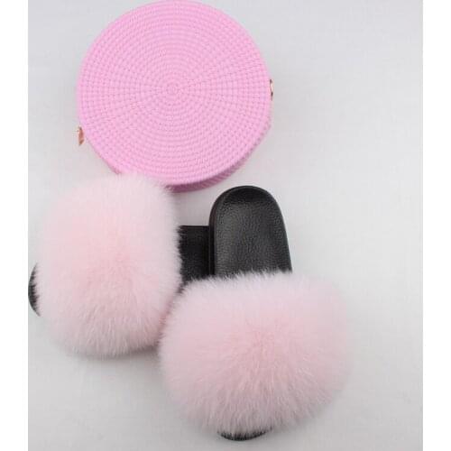 Women Fluffy Furry Slippers Women Colorful Jelly Shoulder Bag Shoes Sets Ladies Real Fox Fur Slides Candy Crossbody round Purse