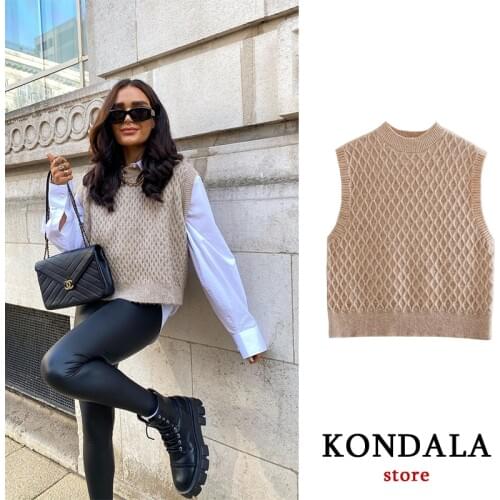 KONDALA Fashion Za 2021 Women Woolen Sweaters Sleeveless Honeycomb stitching vest Casual Knitted Ladies Outwear Mujer